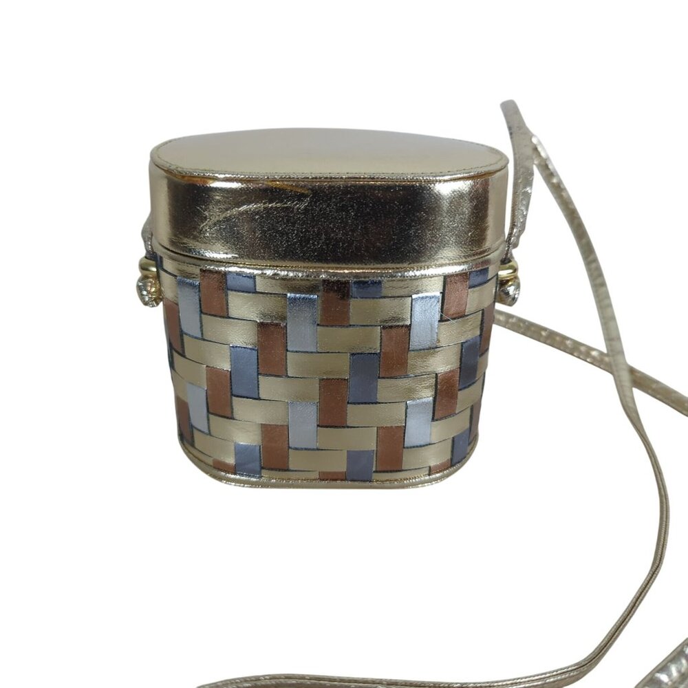 La Regale Vintage Gold Silver Gray Brown Metallic Crossbody Box Basket Weave Bag